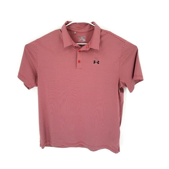Under Armour HeatGear Activewear Polo Red/Gray Stripe S/S Pull-On Shirt Mens 2XL - Picture 1 of 6